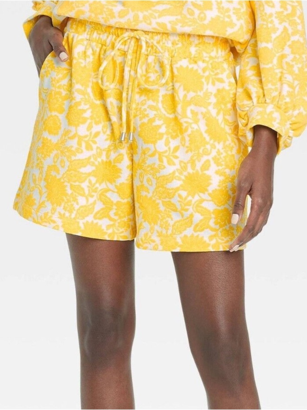Who What Wear Yellow Floral Terry Cloth Drawstring Shorts XXL Sunny Cottagecore